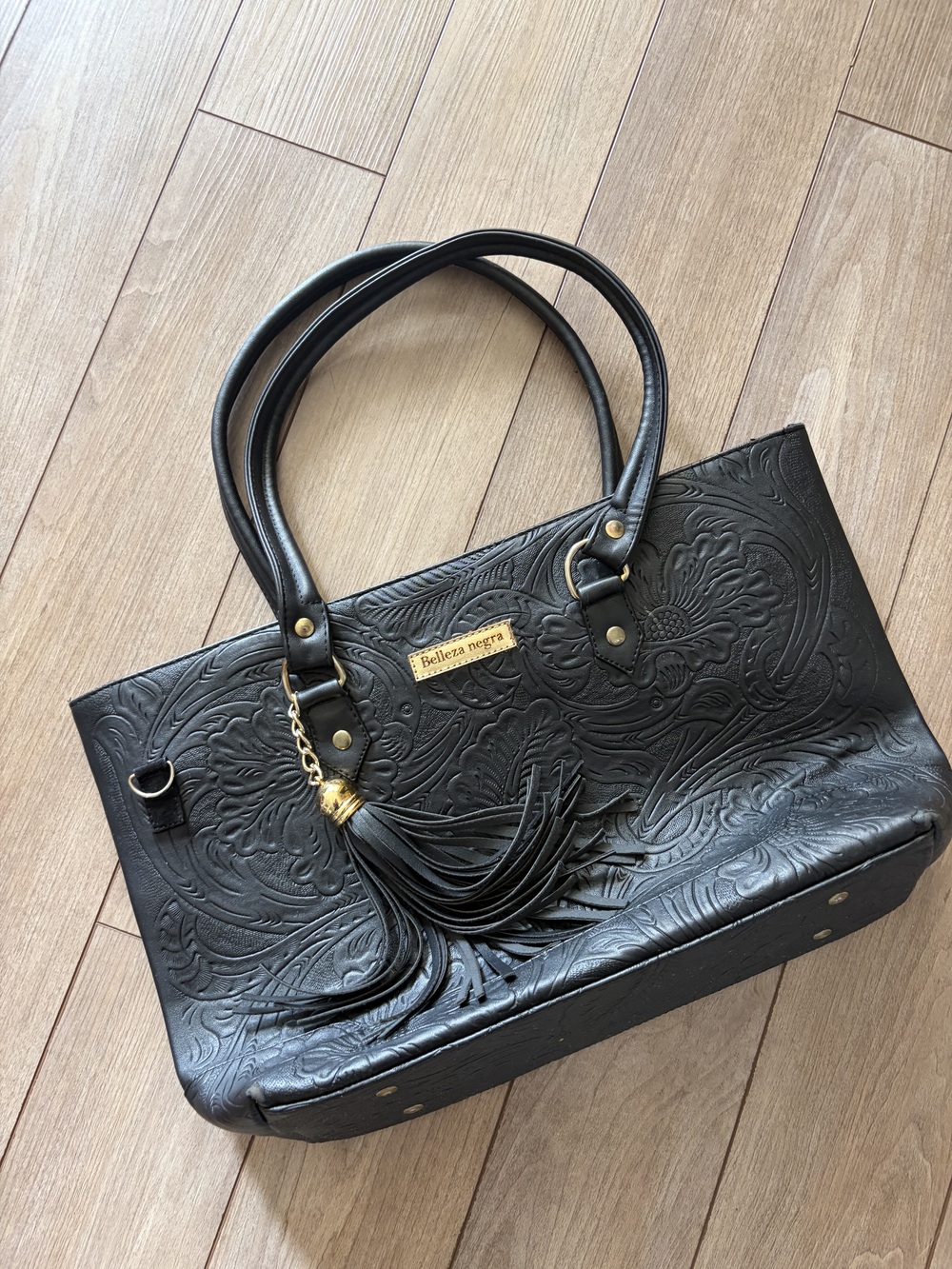 Belleza Negra Women's Tote Bag Black Large Floral Embossed Faux Leather Tassel